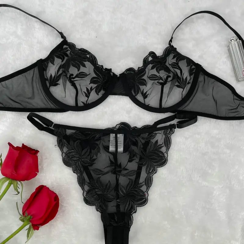 Elegant Black Flower Embroidery Lingerie Set