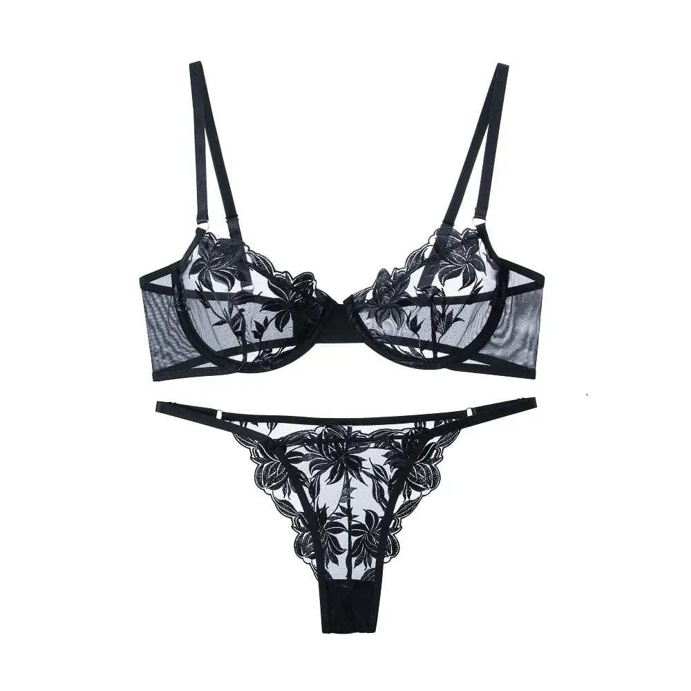 Elegant Black Flower Embroidery Lingerie Set