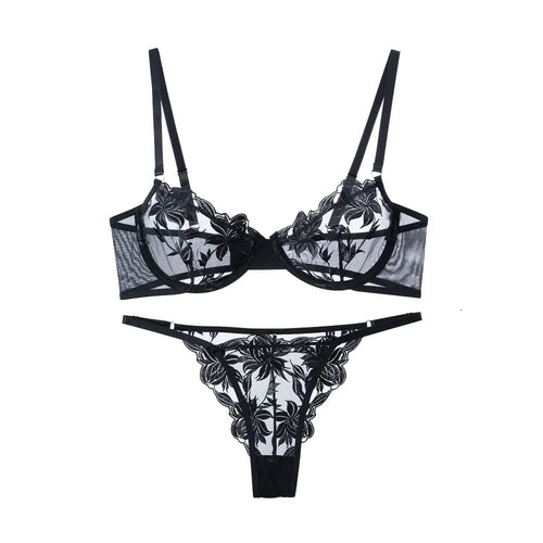 Elegant Black Flower Embroidery Lingerie Set