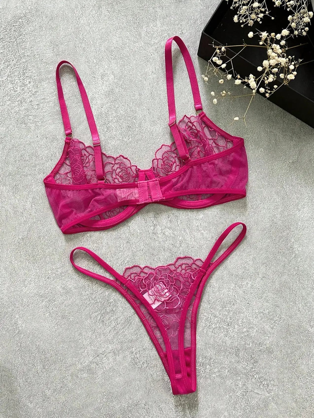 Pink Hollow Sexy Lace Set