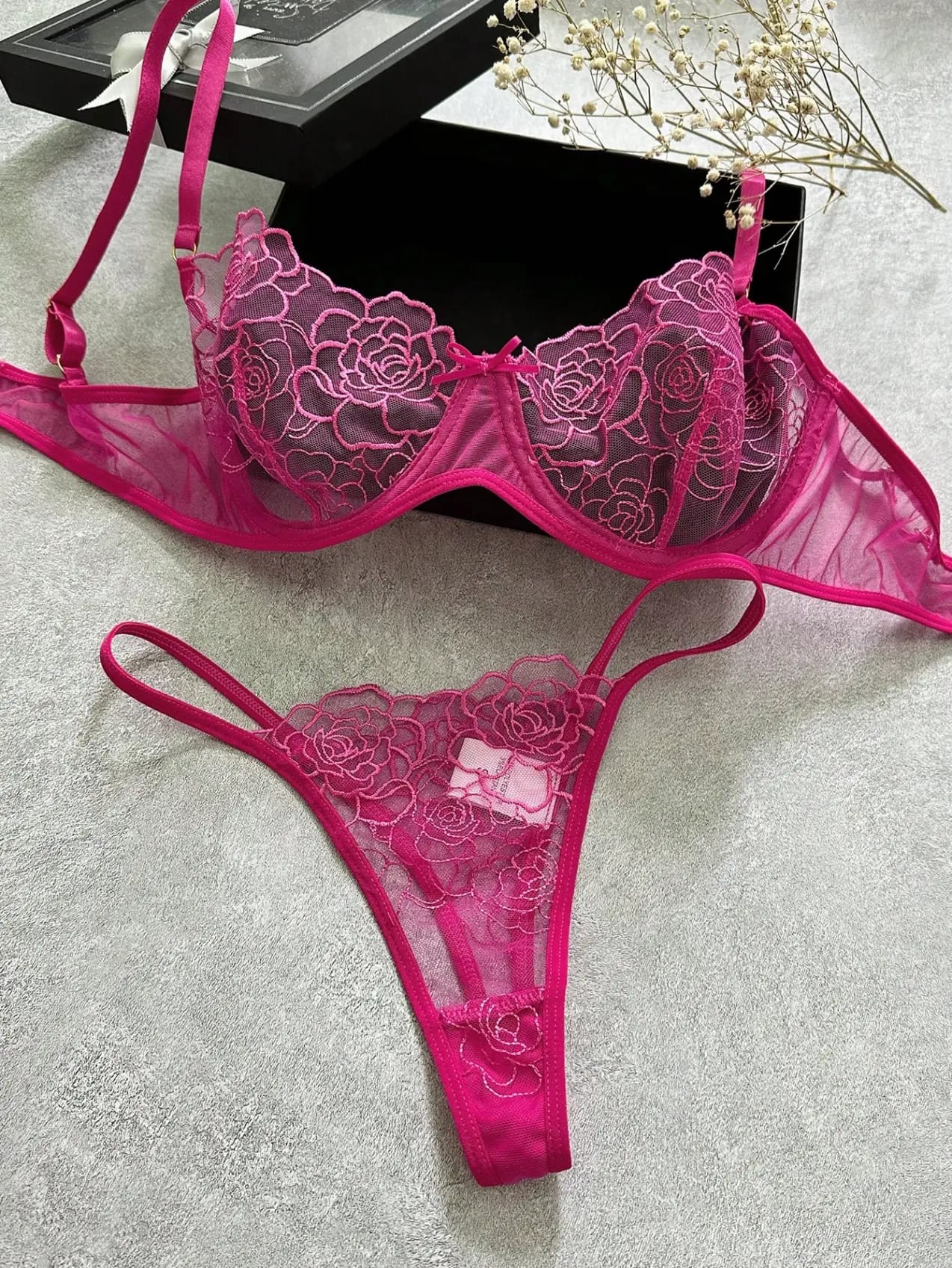 Pink Hollow Sexy Lace Set