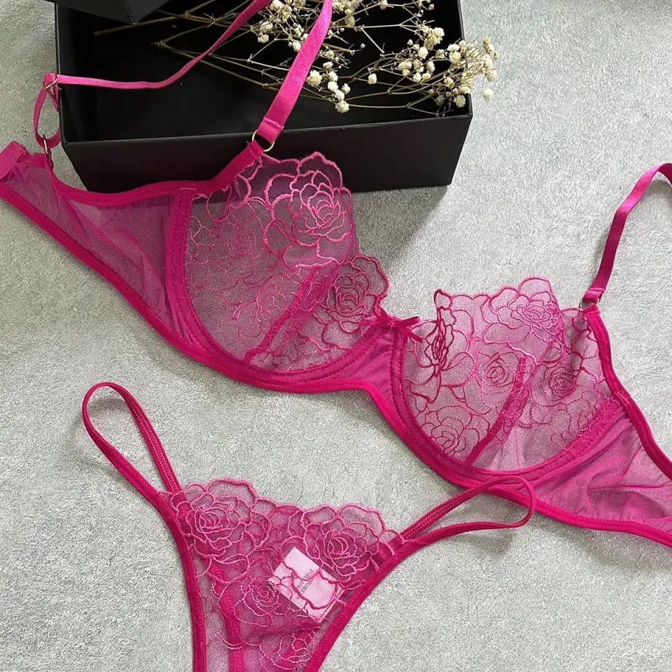 Pink Hollow Sexy Lace Set